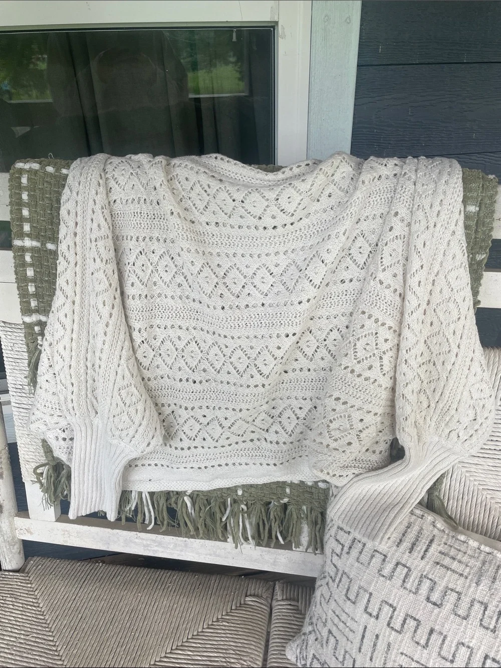 Cream Cable-Knit Throw Blanket with Openwork Pattern